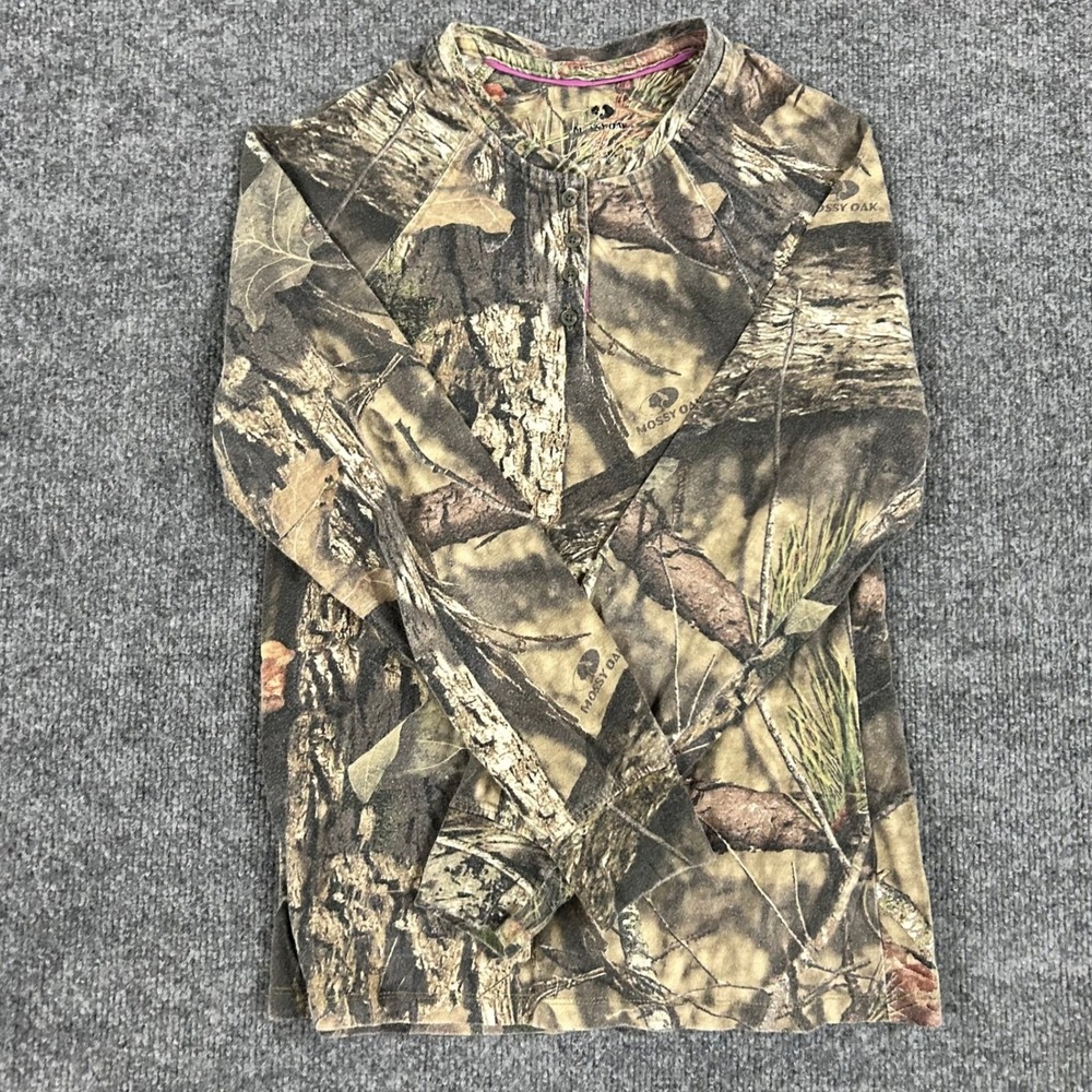 Mossy Oak Henley Womens Size M Brown Camo Long Sleeve Outdoor Hunting Top